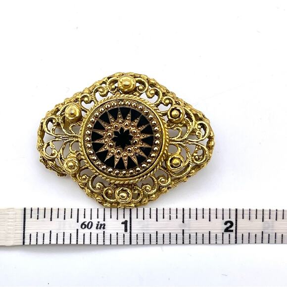 Vintage Ornate Gold-Tone Filigree Brooch Pin Black Starburst Florenza-Style - Picture 8 of 10